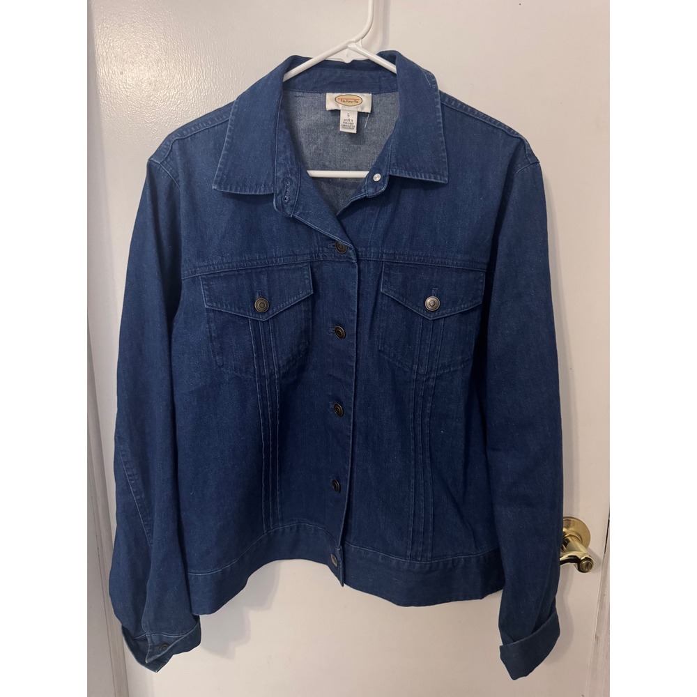 Talbots Womens Dark Wash Denim Jacket Size L Indigo Blue Button Front Trucker